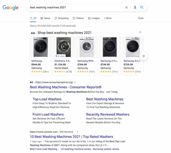 Example of commercial investigation intent: screenshot of Google's results for search term best washing machines 2021